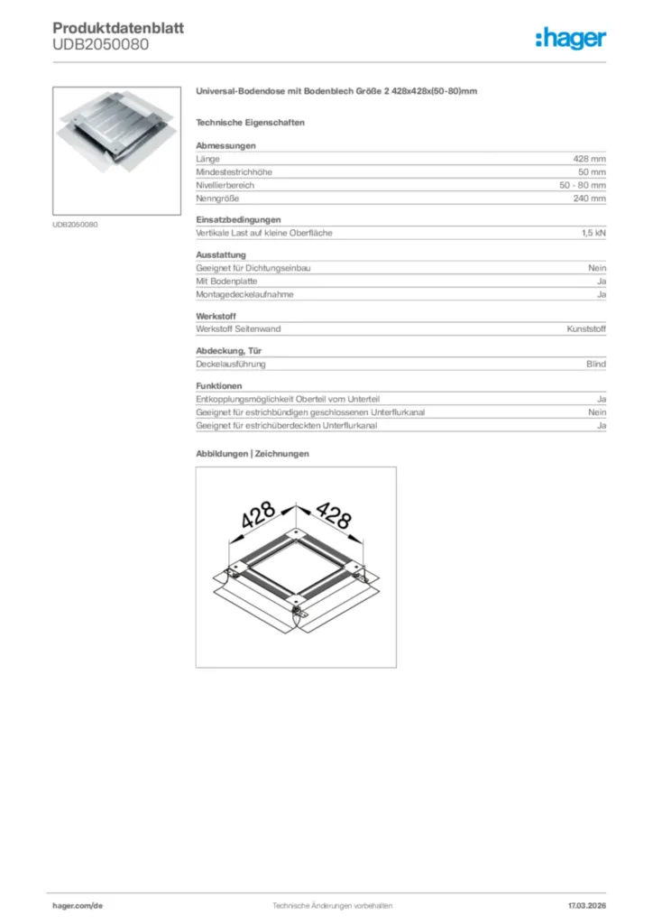 Bild Hager Produktdatenblatt UDB2050080 | Hager Deutschland