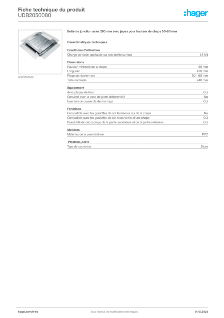 Image Hager Fiche technique du produit UDB2050080 | Hager Belgique