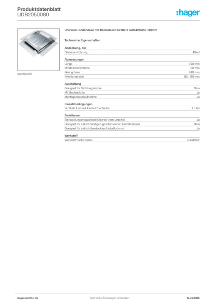 Bild Hager Produktdatenblatt UDB2050080 | Hager Schweiz