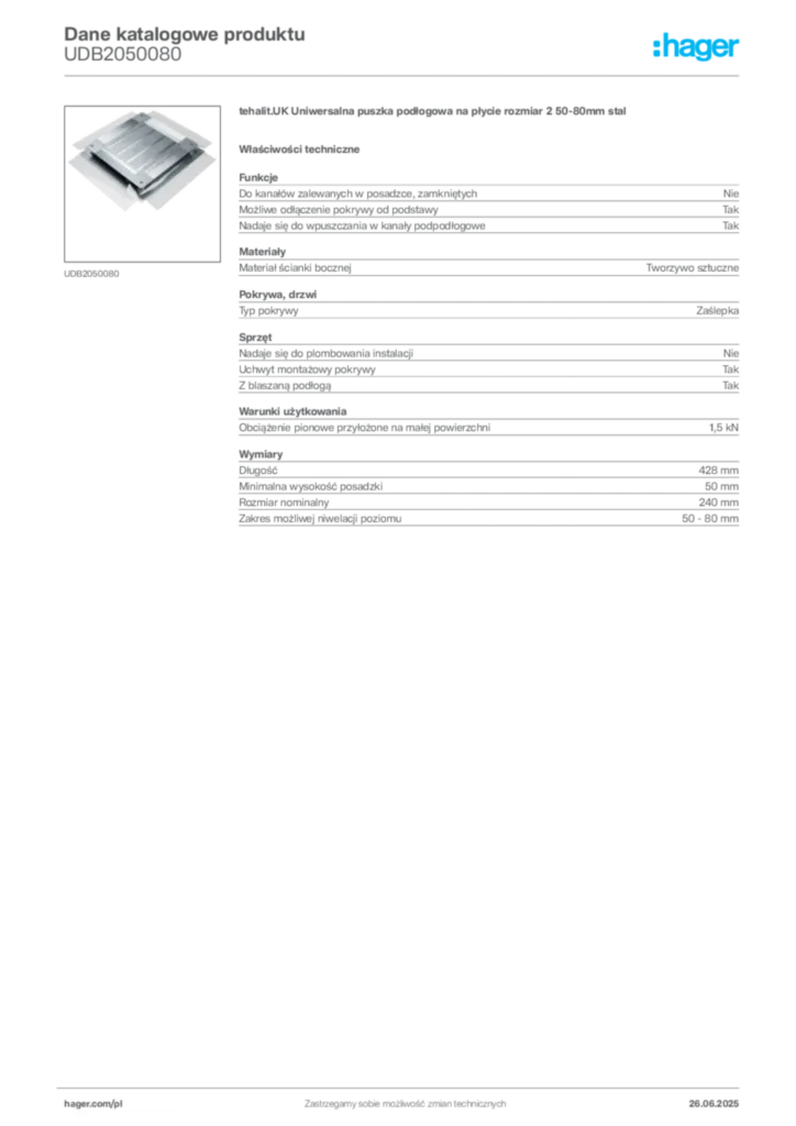 Zdjęcie Hager Dane katalogowe produktu UDB2050080 | Hager Polska