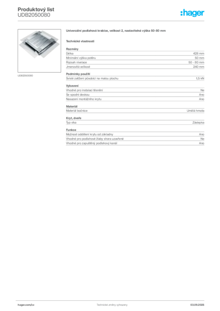 Obrázek Hager Produktový list UDB2050080 | Hager