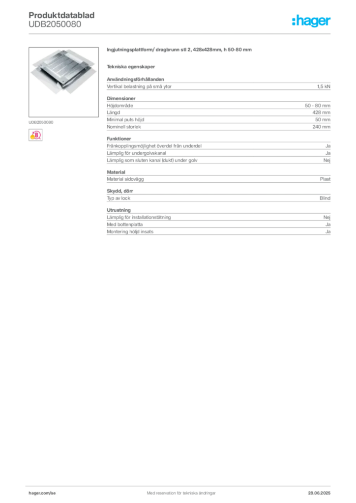 Bild Hager Produktdatablad UDB2050080 | Hager Sverige