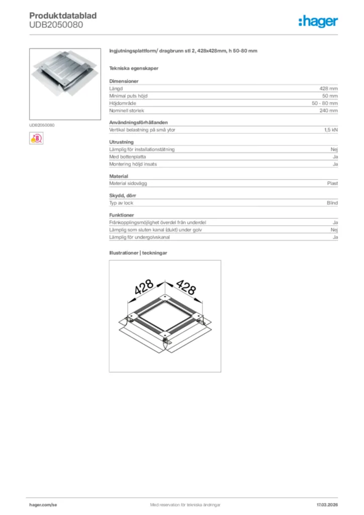 Bild Hager Produktdatablad UDB2050080 | Hager Sverige