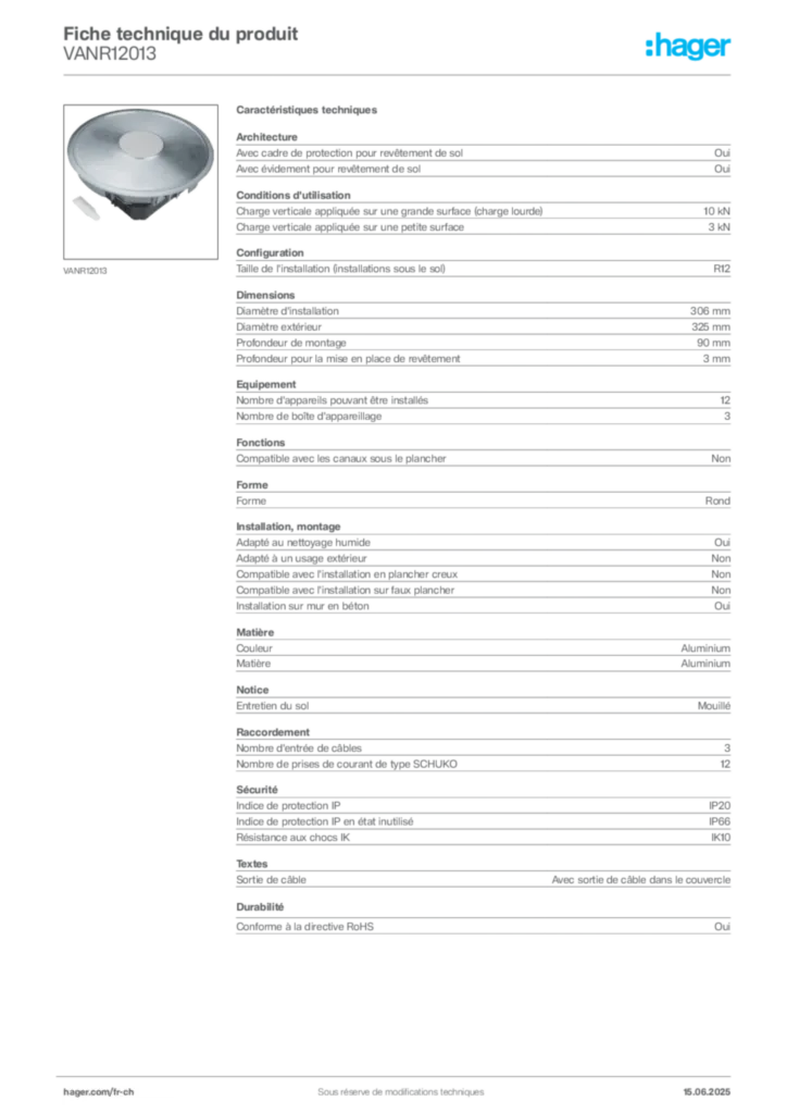 Image Hager Fiche technique du produit VANR12013 | Hager Suisse