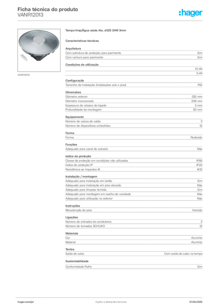 Imagem Hager Ficha técnica do produto VANR12013 | Hager Portugal