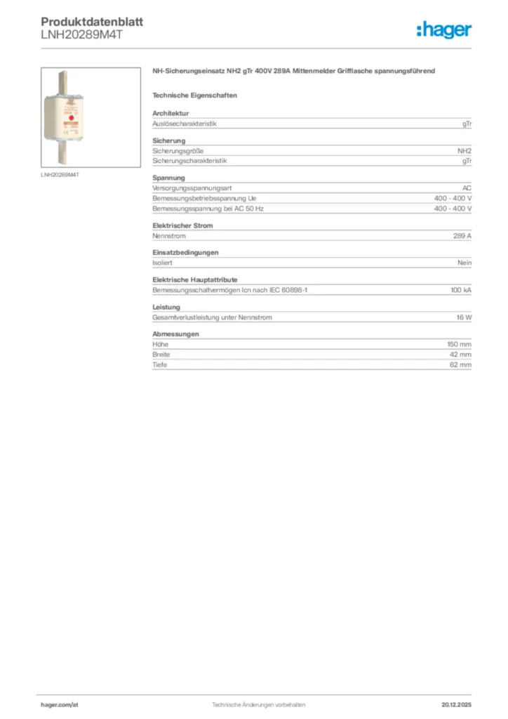 Bild Hager Produktdatenblatt LNH20289M4T | Hager Deutschland