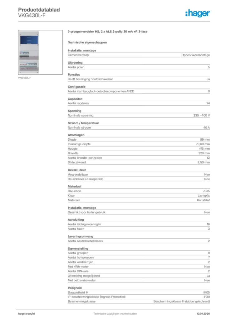 Afbeelding Hager Productdatablad VKG430L-F | Hager Nederland