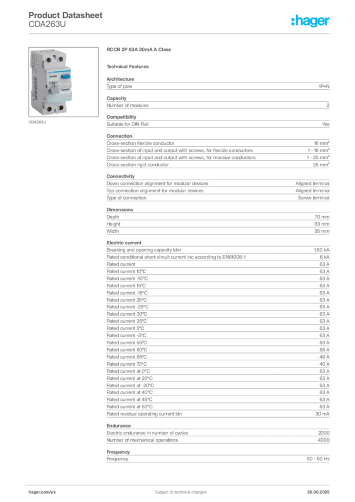 Image Hager Product data sheet CDA263U  | Hager