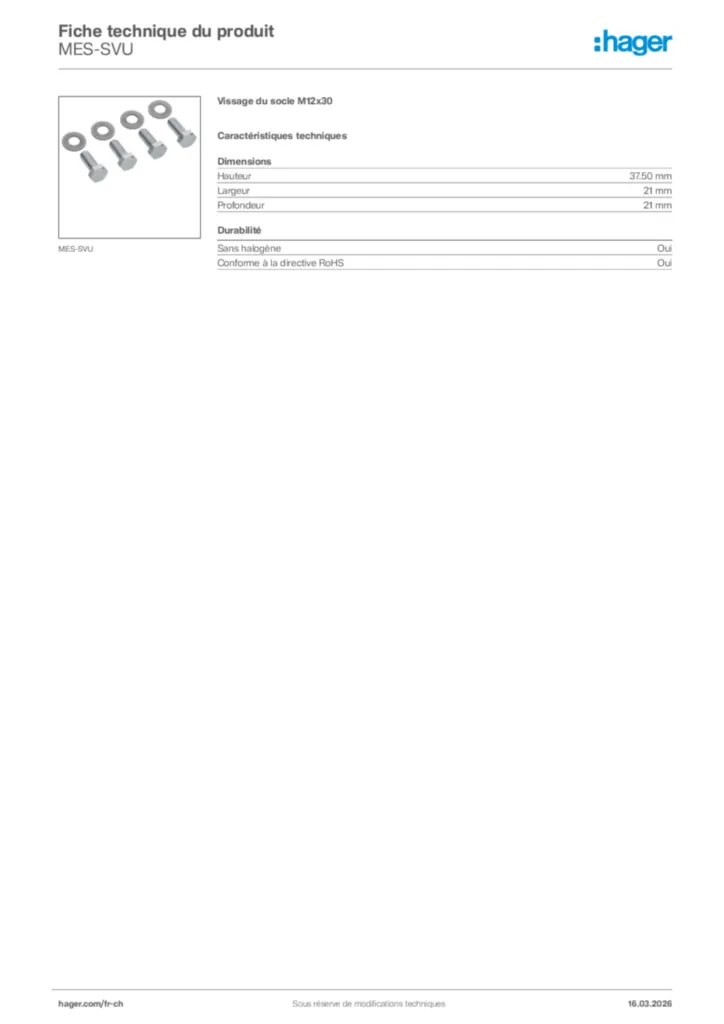 Image Hager Fiche technique du produit MES-SVU | Hager Suisse
