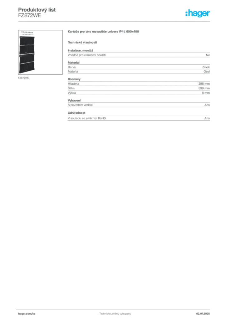 Obrázek Hager Produktový list FZ872WE | Hager