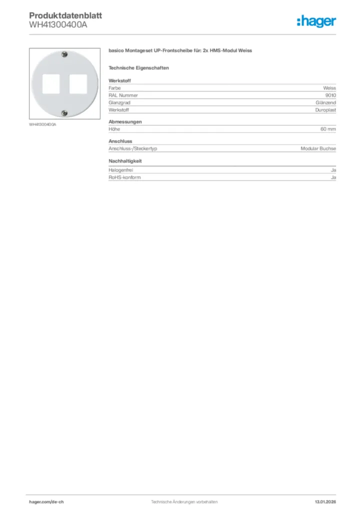 Bild Hager Produktdatenblatt WH41300400A | Hager Schweiz