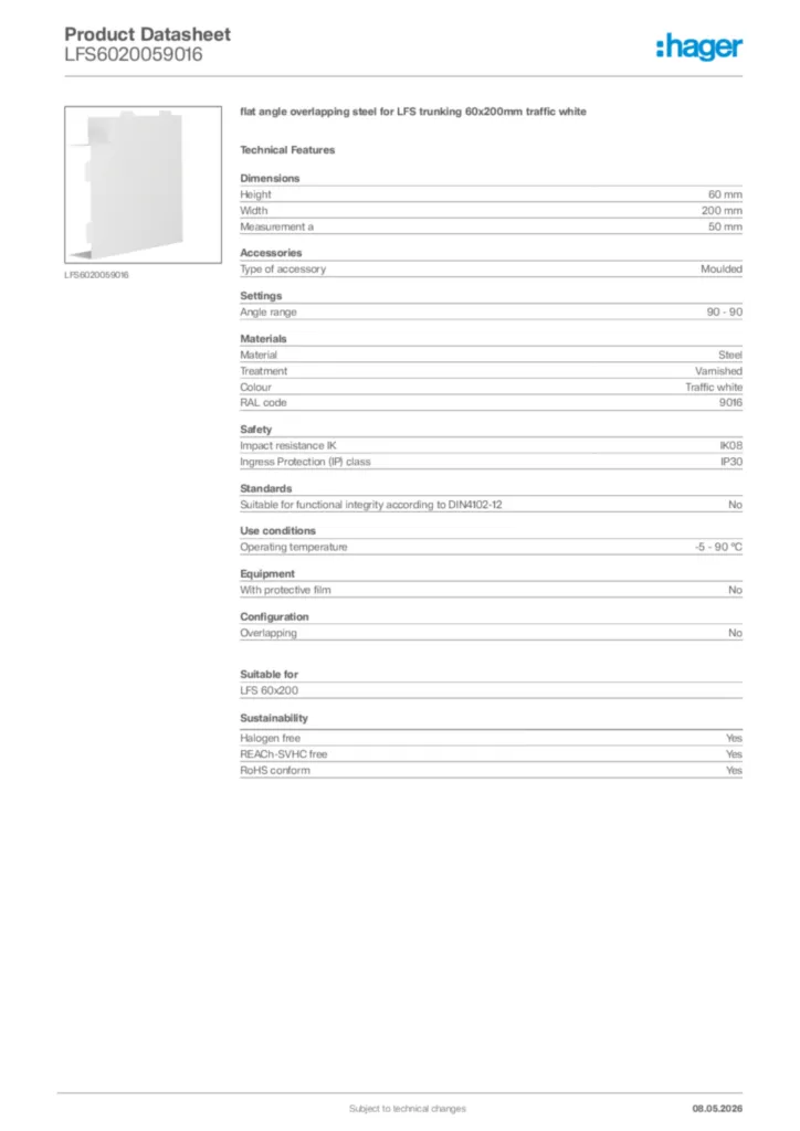 Image Hager Product data sheet LFS6020059016  | Hager Africa
