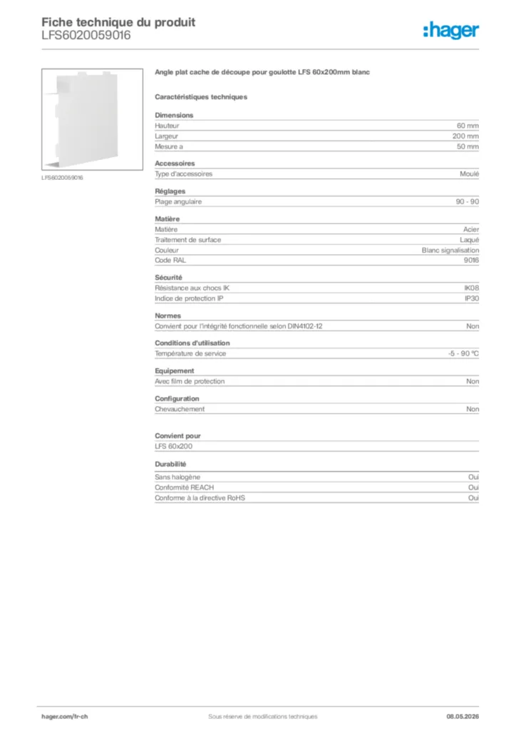Image Hager Fiche technique du produit LFS6020059016 | Hager Suisse