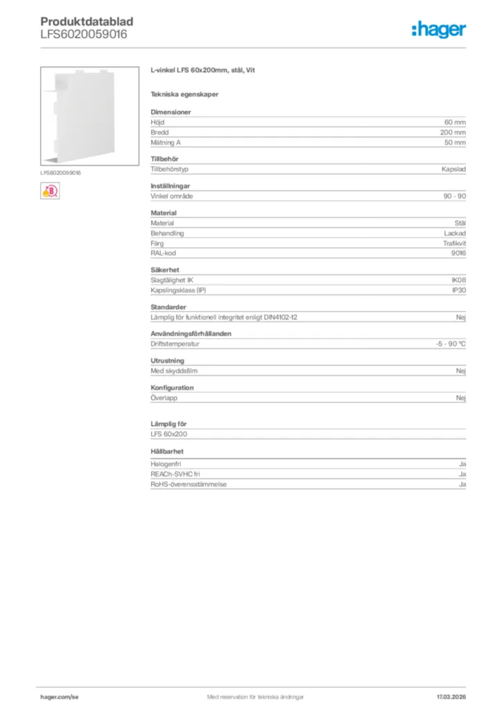 Bild Hager Produktdatablad LFS6020059016 | Hager Sverige