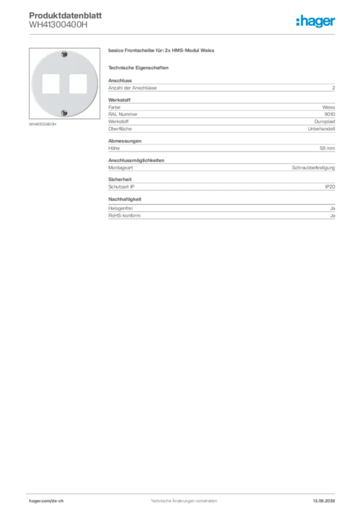 Bild Hager Produktdatenblatt WH41300400H | Hager Schweiz
