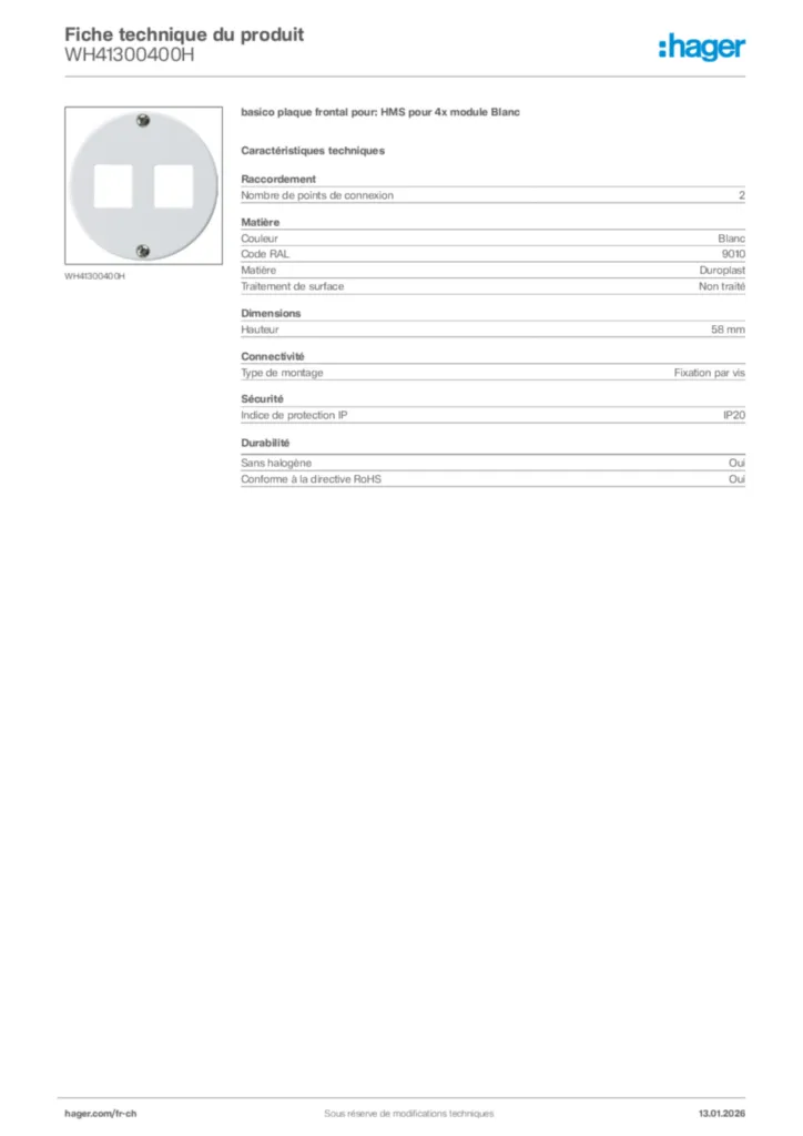 Image Hager Fiche technique du produit WH41300400H | Hager Suisse