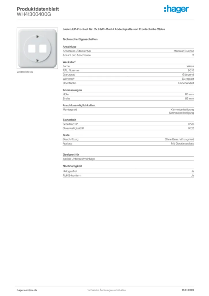 Bild Hager Produktdatenblatt WH41300400G | Hager Schweiz