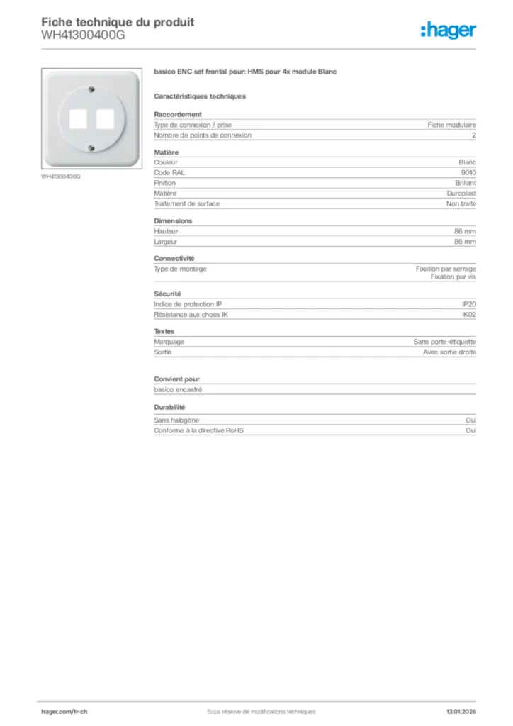 Image Hager Fiche technique du produit WH41300400G | Hager Suisse