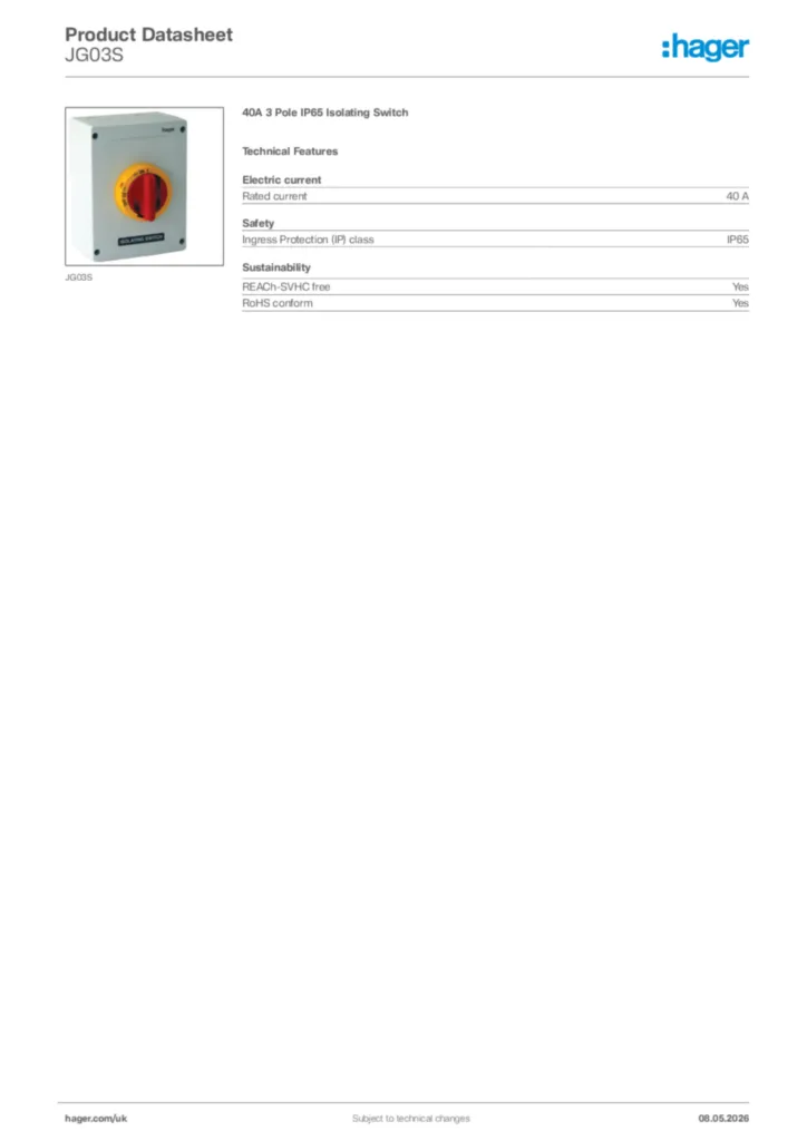 Image Hager Product data sheet JG03S  | Hager