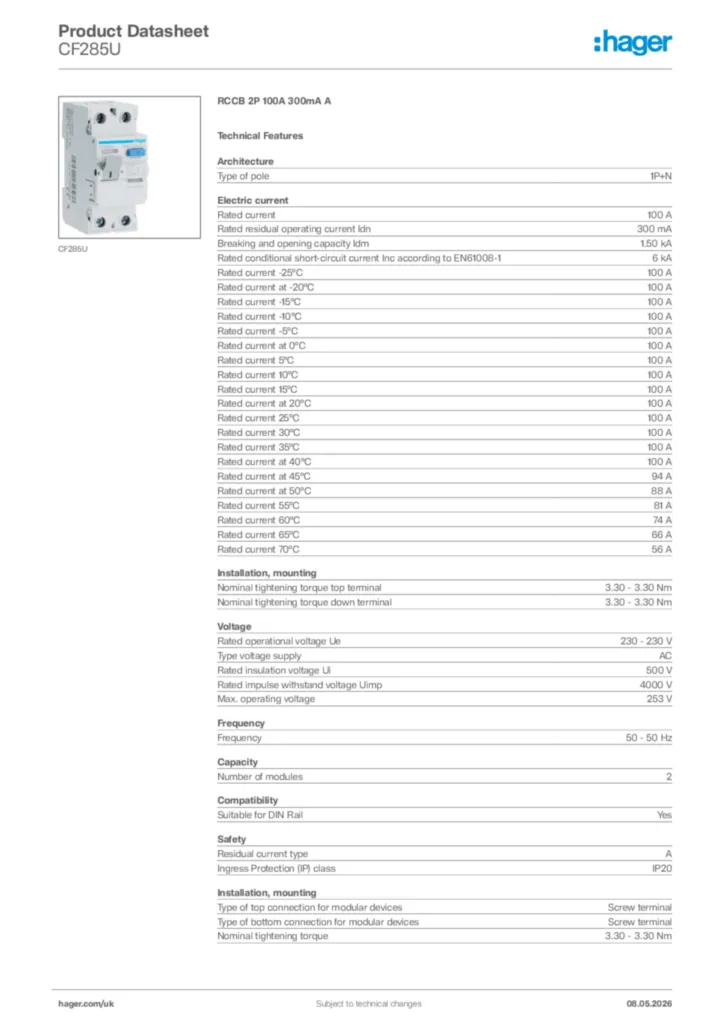 Image Hager Product data sheet CF285U  | Hager