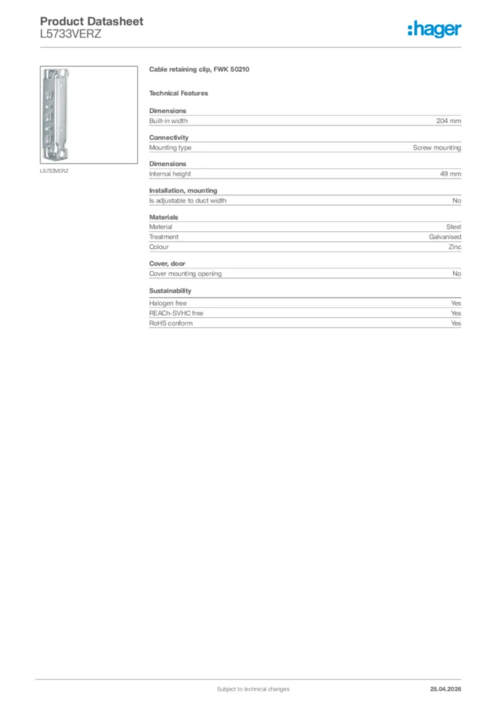 Image Hager Product data sheet L5733VERZ  | Hager Africa