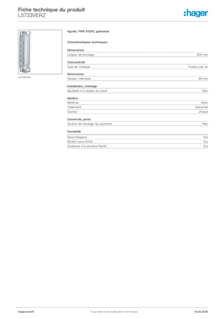Image Hager Fiche technique du produit L5733VERZ | Hager France