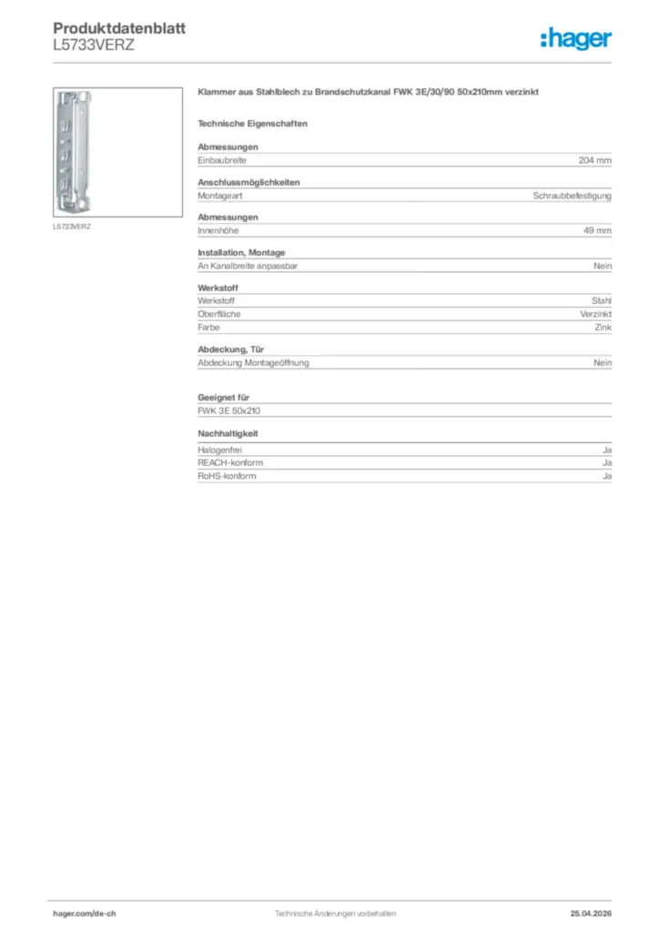 Bild Hager Produktdatenblatt L5733VERZ | Hager Schweiz