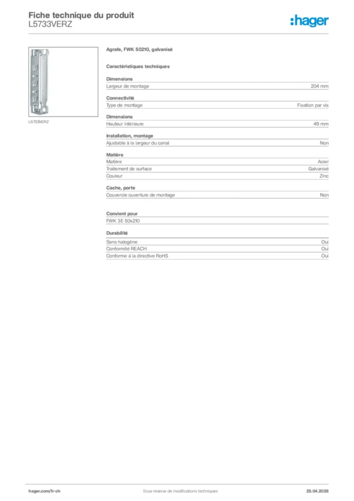 Image Hager Fiche technique du produit L5733VERZ | Hager Suisse