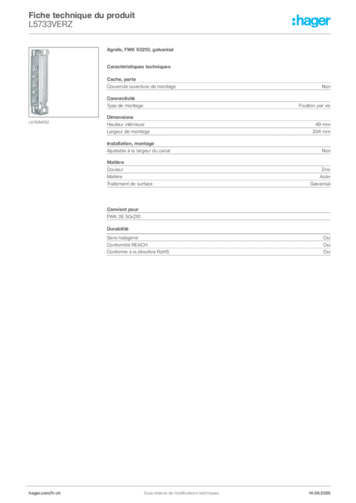 Image Hager Fiche technique du produit L5733VERZ | Hager Suisse