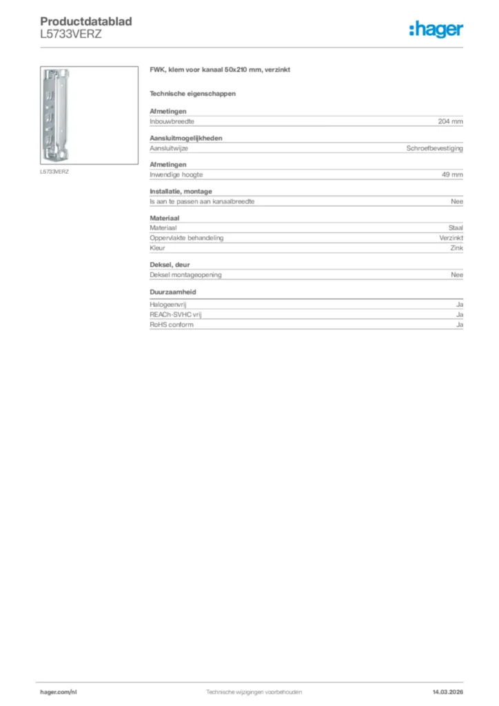Afbeelding Hager Productdatablad L5733VERZ | Hager Nederland