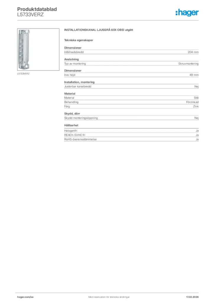 Bild Hager Produktdatablad L5733VERZ | Hager Sverige