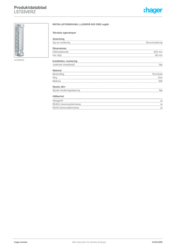 Bild Hager Produktdatablad L5733VERZ | Hager Sverige
