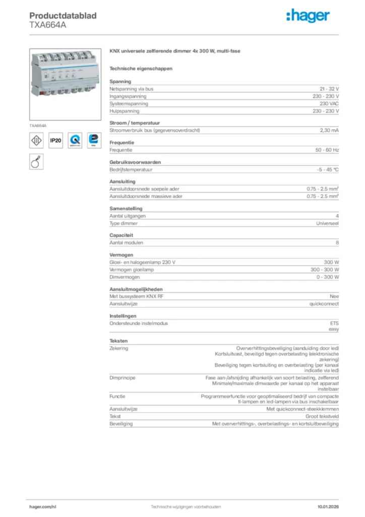 Afbeelding Hager Productdatablad TXA664A | Hager Nederland