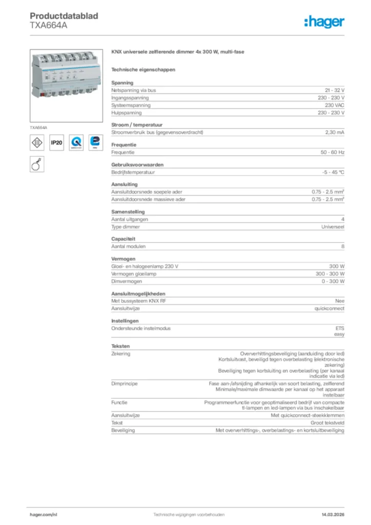 Afbeelding Hager Productdatablad TXA664A | Hager Nederland