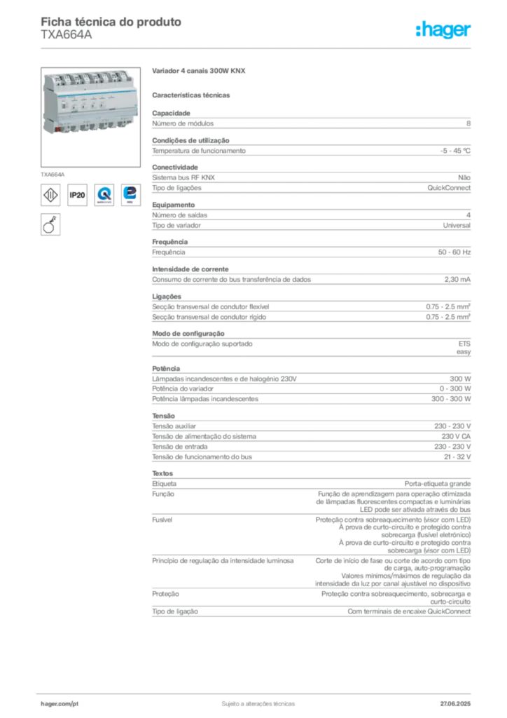 Imagem Hager Ficha técnica do produto TXA664A | Hager Portugal