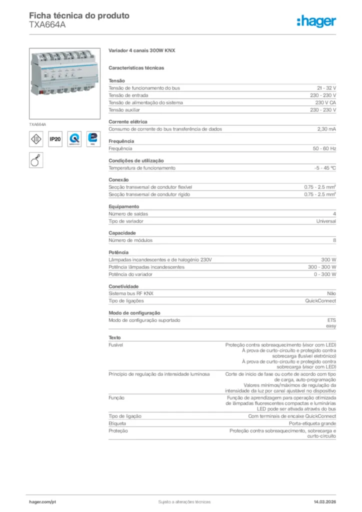 Imagem Hager Ficha técnica do produto TXA664A | Hager Portugal