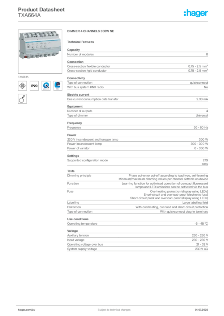 Image Hager Product data sheet TXA664A  | Hager Australia