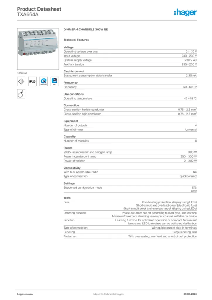 Image Hager Product data sheet TXA664A  | Hager Australia