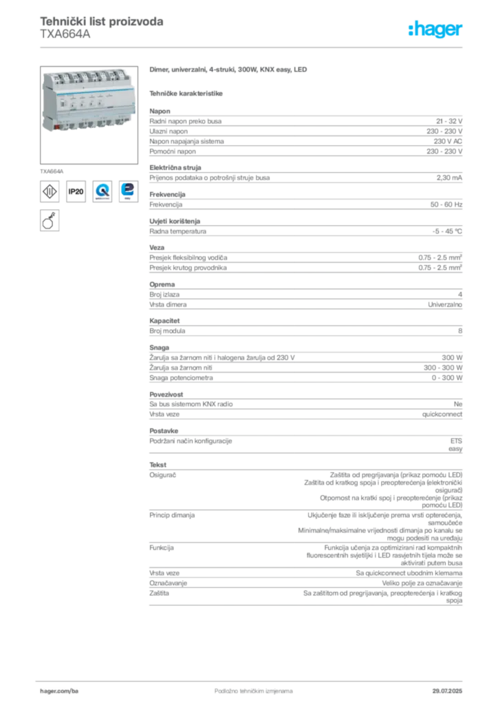 Slika Hager Product data sheet TXA664A  | Hager