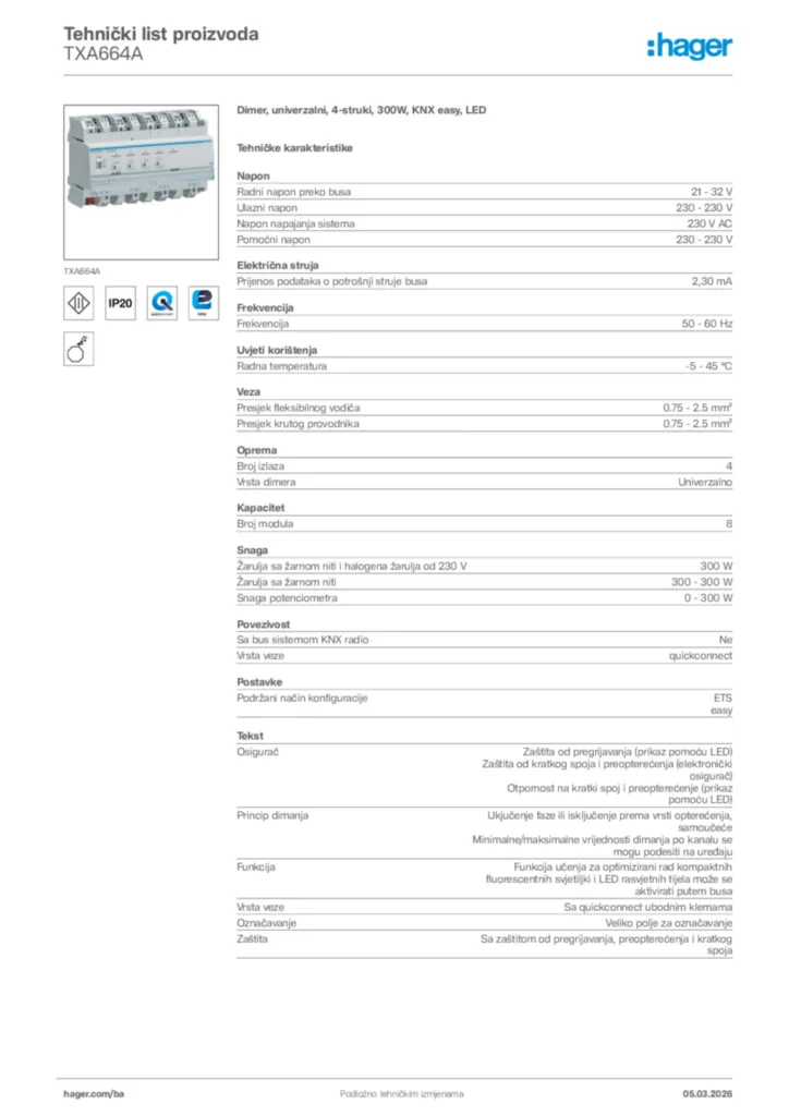 Slika Hager Tehnički list proizvoda TXA664A  | Hager