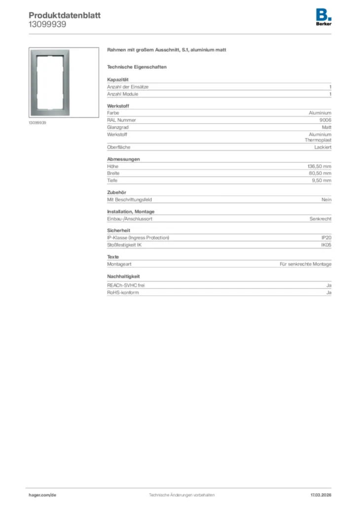 Bild Berker Produktdatenblatt 13099939 | Hager Deutschland