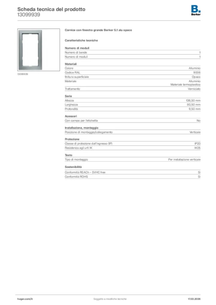 Immagine Berker Scheda tecnica del prodotto 13099939 | Hager Italia