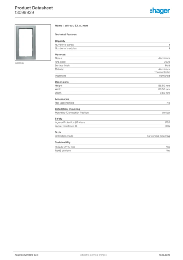 Image Hager Product data sheet 13099939  | Hager