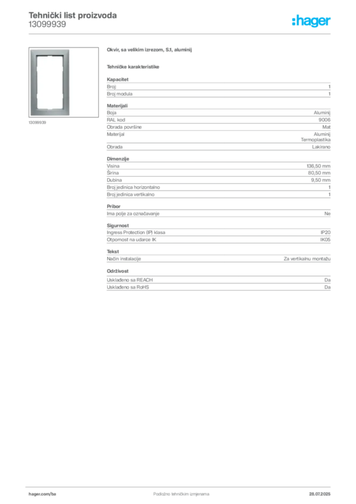 Slika Hager Product data sheet 13099939  | Hager