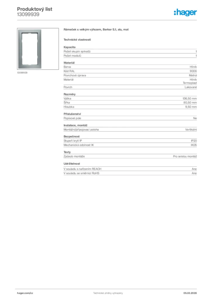 Obrázek Hager Product data sheet 13099939 | Hager