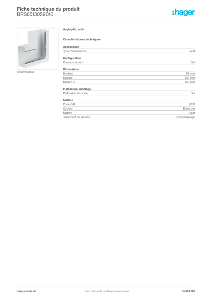 Image Hager Fiche technique du produit BRS6513059010 | Hager Suisse