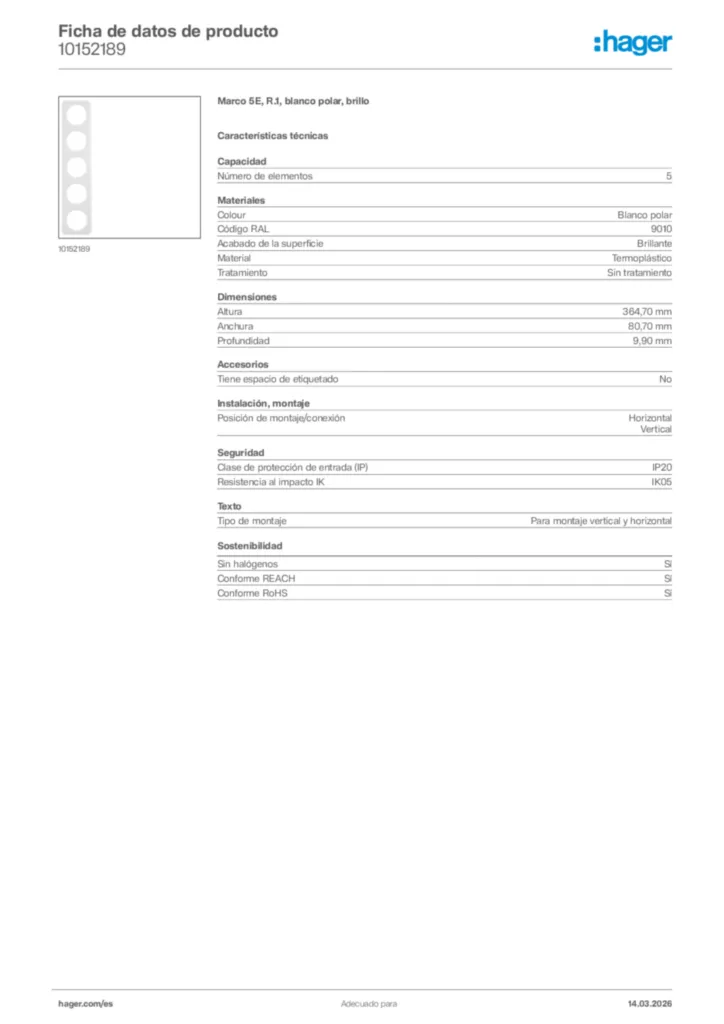 Imagen Hager Ficha de datos de producto 10152189 | Hager España