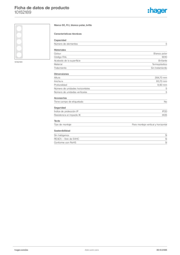 Imagen Hager Ficha de datos de producto 10152189 | Hager España