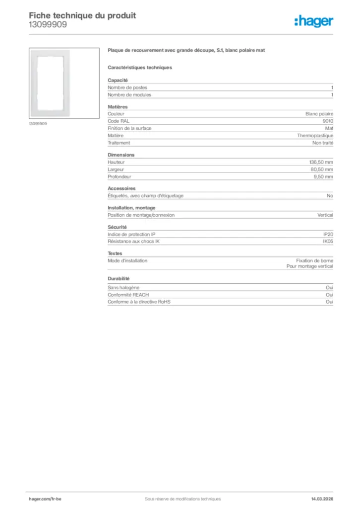 Image Hager Fiche technique du produit 13099909 | Hager Belgique