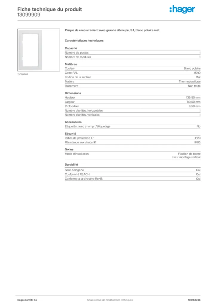 Image Hager Fiche technique du produit 13099909 | Hager Belgique
